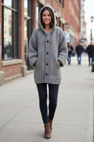 Megan | Women's Long Hooded Cardigan – Chunky Textured Knit, Button Front, Pockets – Gray