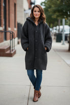 Megan | Women's Long Hooded Cardigan – Chunky Textured Knit, Button Front, Pockets – Black