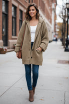 Megan | Women's Long Hooded Cardigan – Chunky Textured Knit, Button Front, Pockets – Taupe