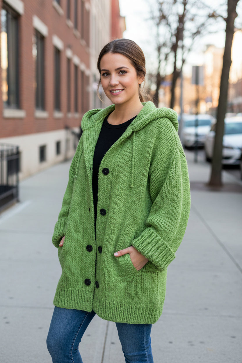 Megan | Women's Long Hooded Cardigan – Chunky Textured Knit, Button Front, Pockets – Green