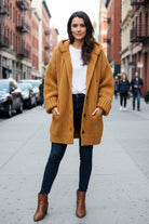 Megan | Women's Long Hooded Cardigan – Chunky Textured Knit, Button Front, Pockets – Rust