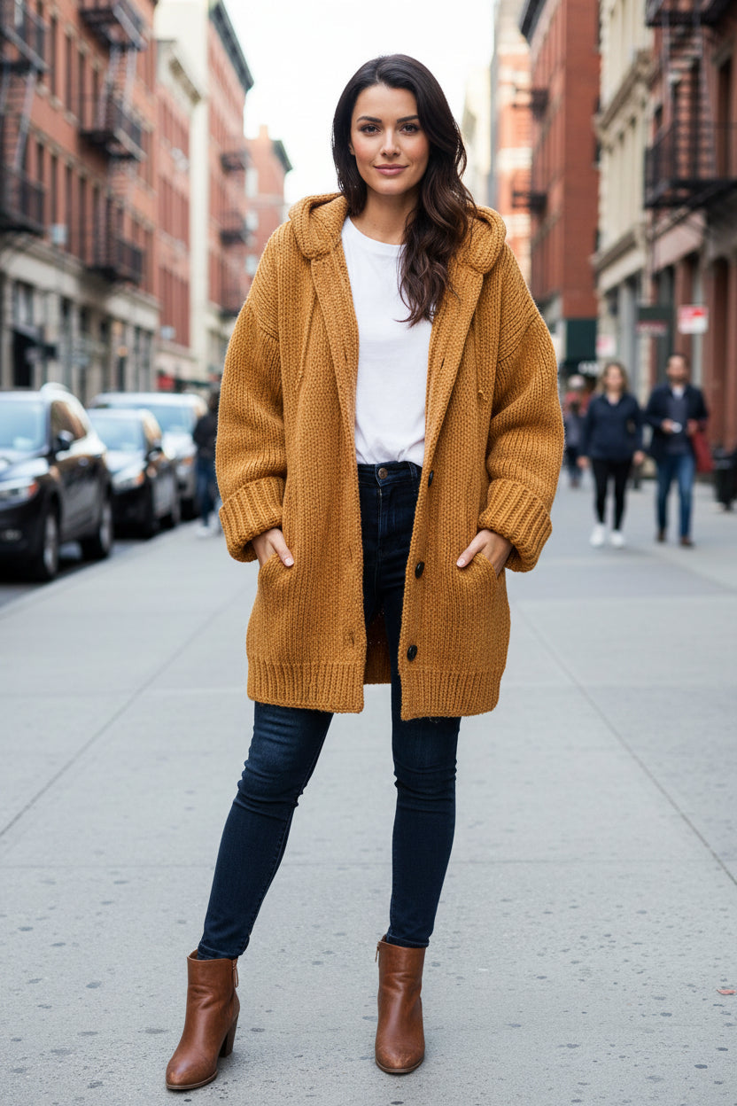 Megan | Women's Long Hooded Cardigan – Chunky Textured Knit, Button Front, Pockets – Rust