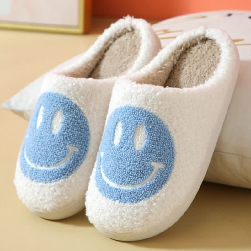 Mila | Women's Fuzzy Smiley Face Slippers – Sherpa Lined House Slippers with Thick Sole – Blue
