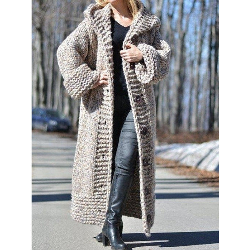 Mina | Women's Hooded Long Knit Cardigan Coat – Button Front Sweater Coat – Heather Gray