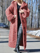 Mina | Women's Hooded Long Knit Cardigan Coat – Button Front Sweater Coat – Pink