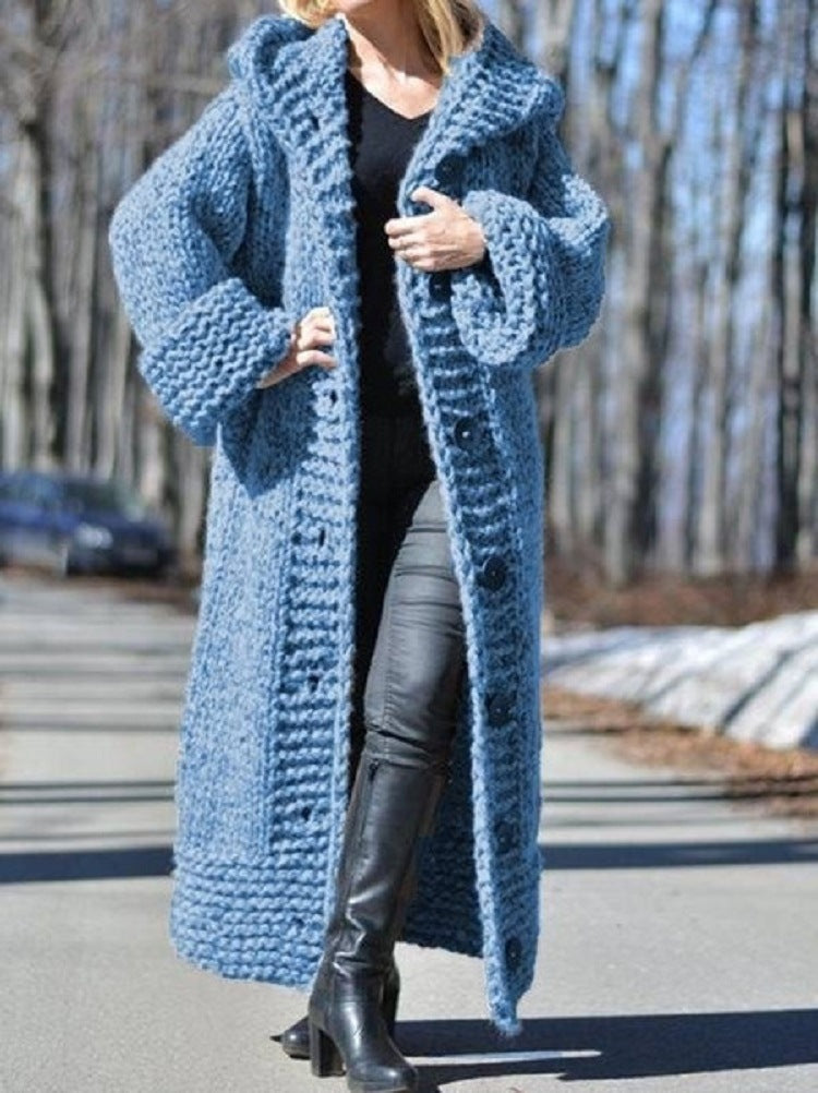 Mina | Women's Hooded Long Knit Cardigan Coat – Button Front Sweater Coat – Blue