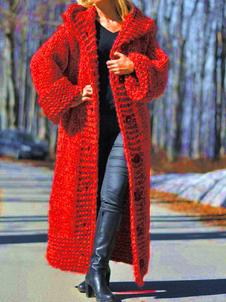 Mina | Women's Hooded Long Knit Cardigan Coat – Button Front Sweater Coat – Red