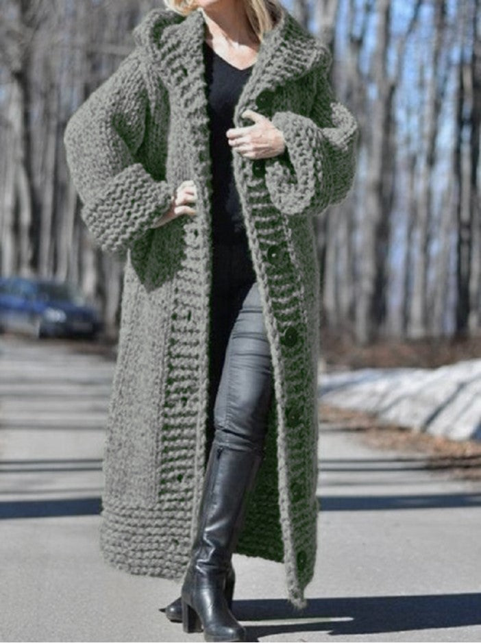 Mina | Women's Hooded Long Knit Cardigan Coat – Button Front Sweater Coat – Dark Gray