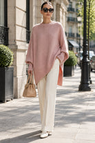 Mira | Women's Draped Oversized Sweater – Relaxed Long Sleeve Knit Pullover – Pink