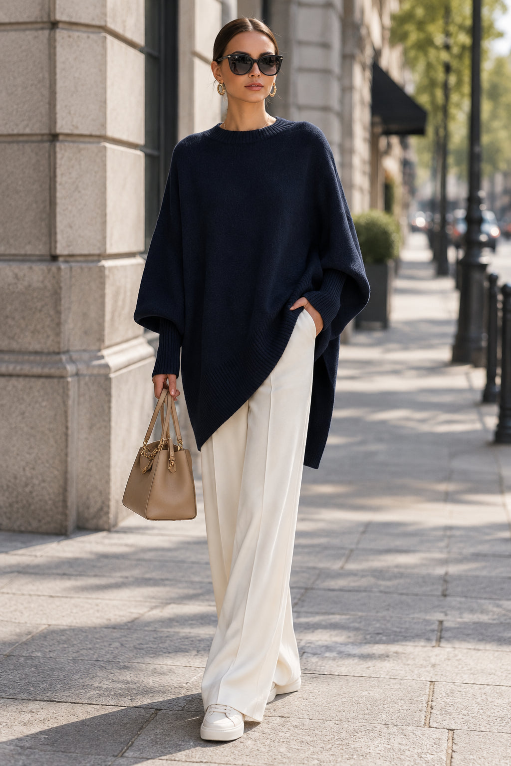 Mira | Women's Draped Oversized Sweater – Relaxed Long Sleeve Knit Pullover – Navy