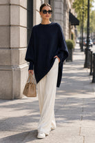 Mira | Women's Draped Oversized Sweater – Relaxed Long Sleeve Knit Pullover – Navy