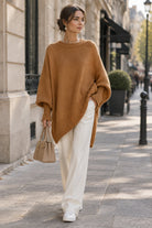 Mira | Women's Draped Oversized Sweater – Relaxed Long Sleeve Knit Pullover – Caramel