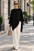 Mira | Women's Draped Oversized Sweater – Relaxed Long Sleeve Knit Pullover – Black