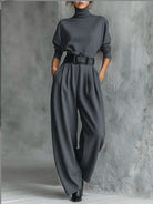 Mireille | Women's Turtleneck and Straight-Leg Pants Set – Minimal Two-Piece – Gray