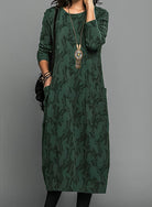 Molly | Women's Leaf Print Midi Dress with Pockets – Long Sleeve Relaxed Fit Dress – Green