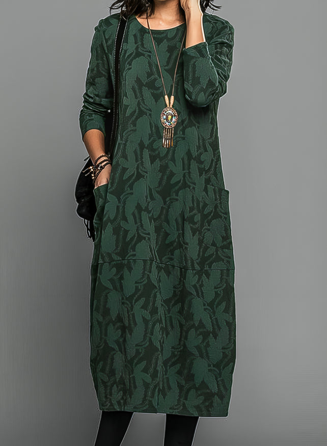 Molly | Women's Leaf Print Midi Dress with Pockets – Long Sleeve Relaxed Fit Dress – Green