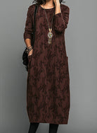 Molly | Women's Leaf Print Midi Dress with Pockets – Long Sleeve Relaxed Fit Dress – Brown