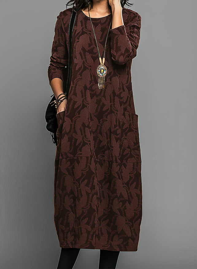 Molly | Women's Leaf Print Midi Dress with Pockets – Long Sleeve Relaxed Fit Dress – Brown