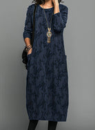 Molly | Women's Leaf Print Midi Dress with Pockets – Long Sleeve Relaxed Fit Dress – Blue