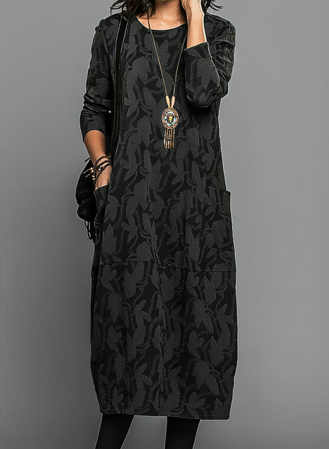 Molly | Women's Leaf Print Midi Dress with Pockets – Long Sleeve Relaxed Fit Dress – Black
