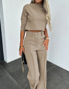 Nadine – Women's Cropped Knit Top and Tailored Wide-Leg Trousers Set