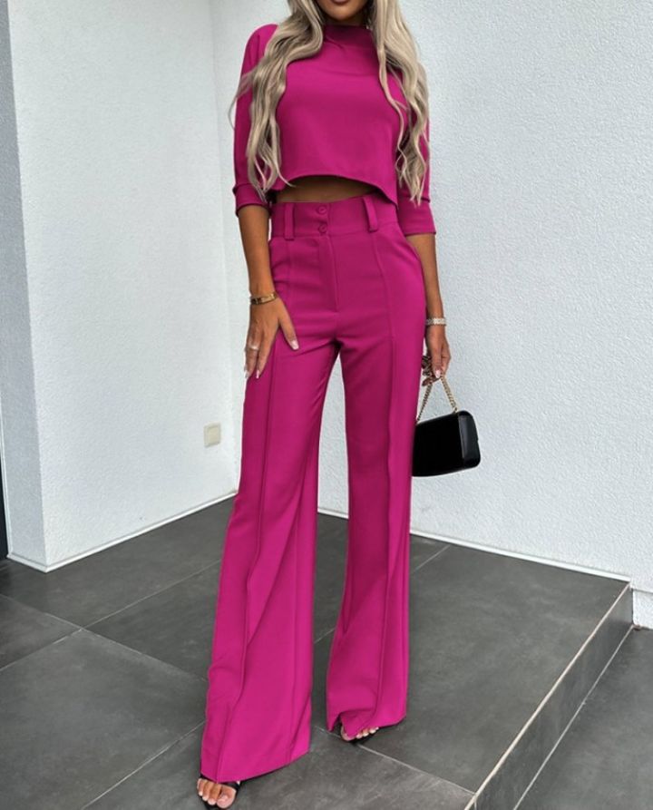 Nadine – Women's Cropped Knit Top and Tailored Wide-Leg Trousers Set