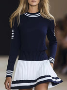 Naya | Women's Striped Knit Sweater Dress – Long Sleeve with Pleated Skirt in Navy – Navy