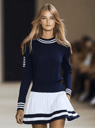 Naya | Women's Striped Knit Sweater Dress – Long Sleeve with Pleated Skirt in Navy