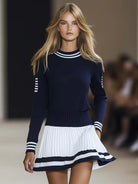 Naya | Women's Striped Knit Sweater Dress – Long Sleeve with Pleated Skirt in Navy