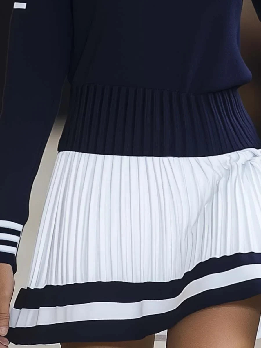 Naya | Women's Striped Knit Sweater Dress – Long Sleeve with Pleated Skirt in Navy