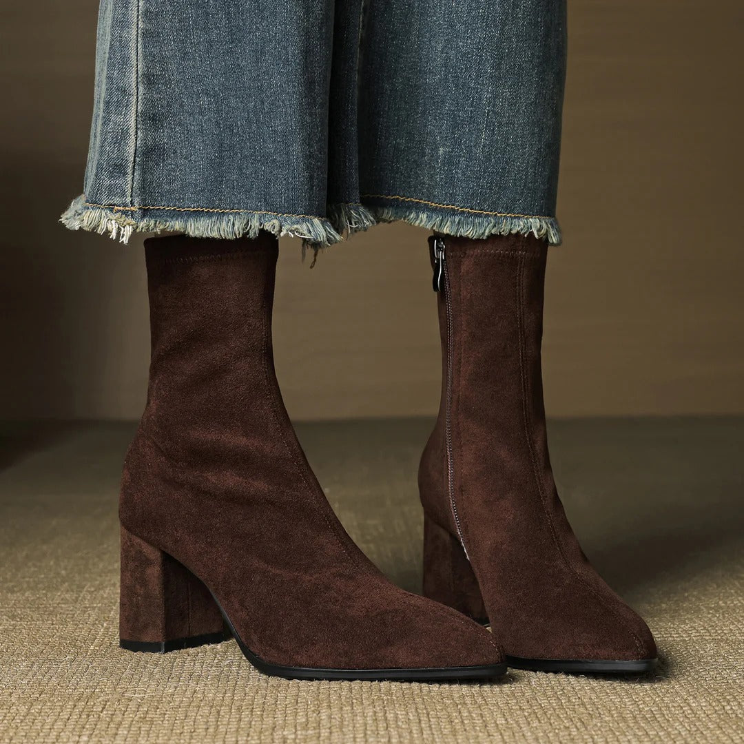Nina | Women's Pointed Toe Block Heel Ankle Boots with Side Zip – Brown
