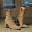 Nina | Women's Pointed Toe Block Heel Ankle Boots with Side Zip – Beige