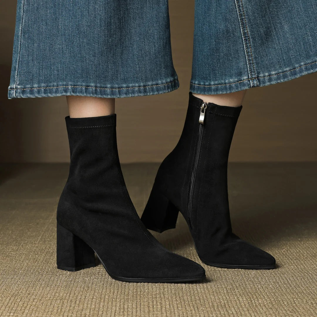 Nina | Women's Pointed Toe Block Heel Ankle Boots with Side Zip – Black