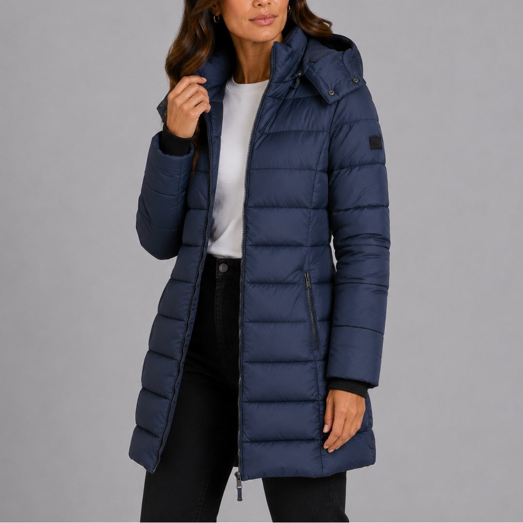 Noelle | Women's Long Quilted Puffer Coat – Hooded, Fitted Waist, Windproof Winter Coat – Navy
