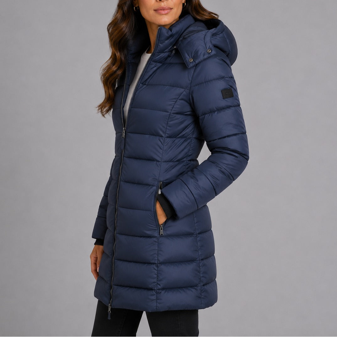 Noelle | Women's Long Quilted Puffer Coat – Hooded, Fitted Waist, Windproof Winter Coat