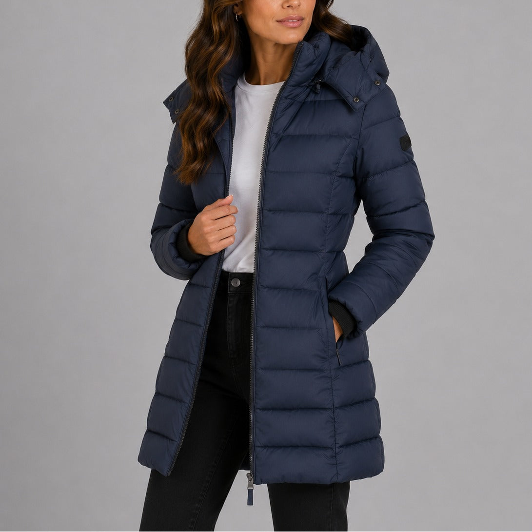 Noelle | Women's Long Quilted Puffer Coat – Hooded, Fitted Waist, Windproof Winter Coat