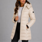 Noelle | Women's Long Quilted Puffer Coat – Hooded, Fitted Waist, Windproof Winter Coat – Beige