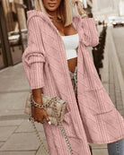 Odette | Women's Long Hooded Cable-Knit Cardigan – Open Front, Pockets, Relaxed Fit – Pink