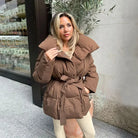 Odile | Women's Belted Quilted Jacket – Oversized Collar, Padded Winter Layer – Brown
