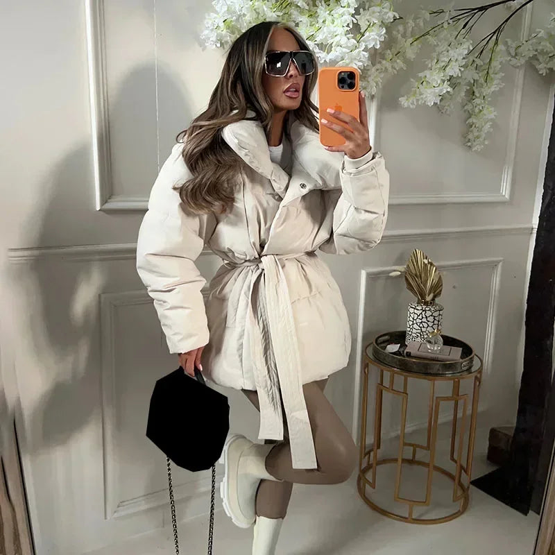 Odile | Women's Belted Quilted Jacket – Oversized Collar, Padded Winter Layer – Beige