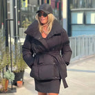 Odile | Women's Belted Quilted Jacket – Oversized Collar, Padded Winter Layer – Black