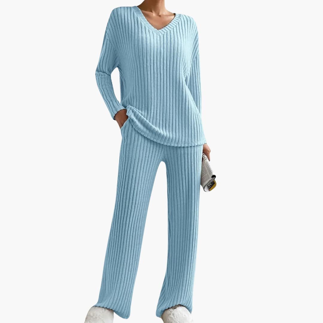 Olive | Women's Knit Lounge Set – Long Sleeve Sweater and Straight-Leg Pants – Blue