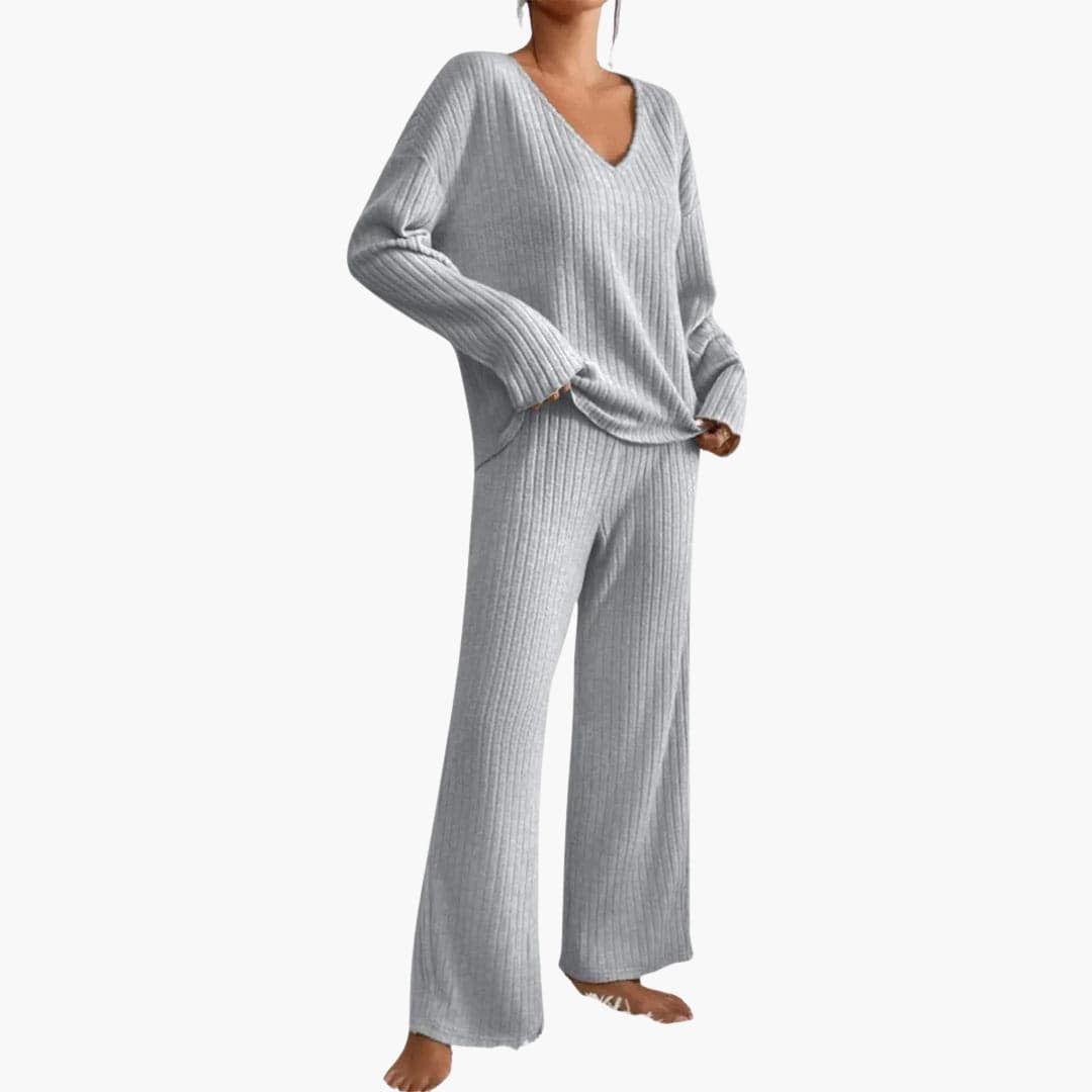 Olive | Women's Knit Lounge Set – Long Sleeve Sweater and Straight-Leg Pants – Gray
