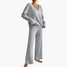 Olive | Women's Knit Lounge Set – Long Sleeve Sweater and Straight-Leg Pants – Gray