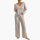 Olive | Women's Knit Lounge Set – Long Sleeve Sweater and Straight-Leg Pants – Beige