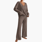 Olive | Women's Knit Lounge Set – Long Sleeve Sweater and Straight-Leg Pants – Brown