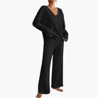 Olive | Women's Knit Lounge Set – Long Sleeve Sweater and Straight-Leg Pants – Black