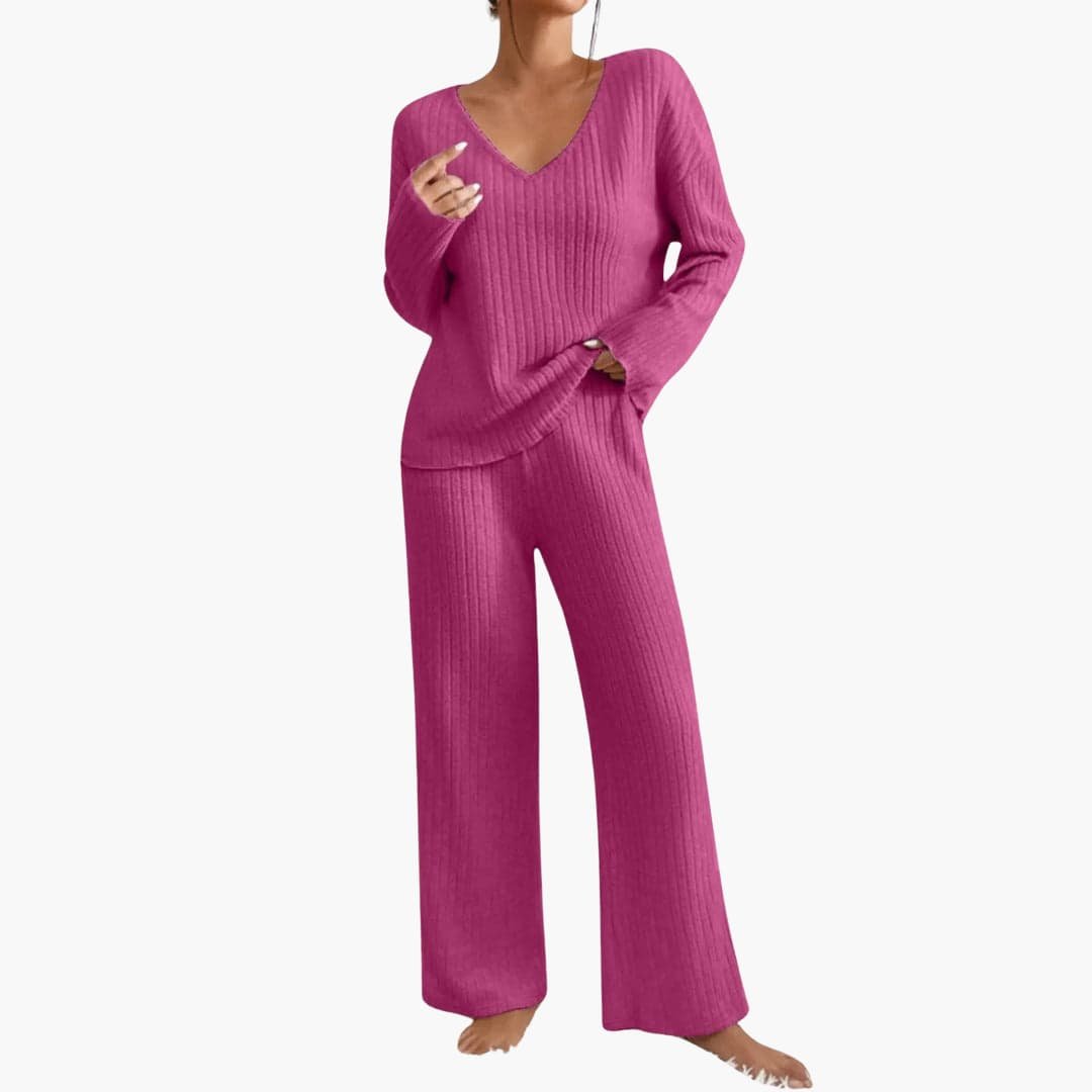 Olive | Women's Knit Lounge Set – Long Sleeve Sweater and Straight-Leg Pants – Pink