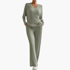 Olive | Women's Knit Lounge Set – Long Sleeve Sweater and Straight-Leg Pants – Green