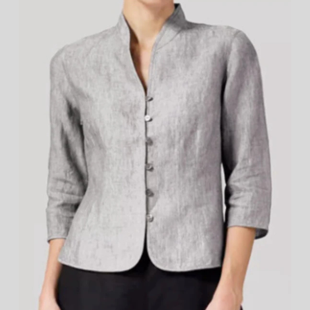 Ophelia – Women's Mandarin Collar Top – Chambray-Texture Woven, 3/4 Sleeves